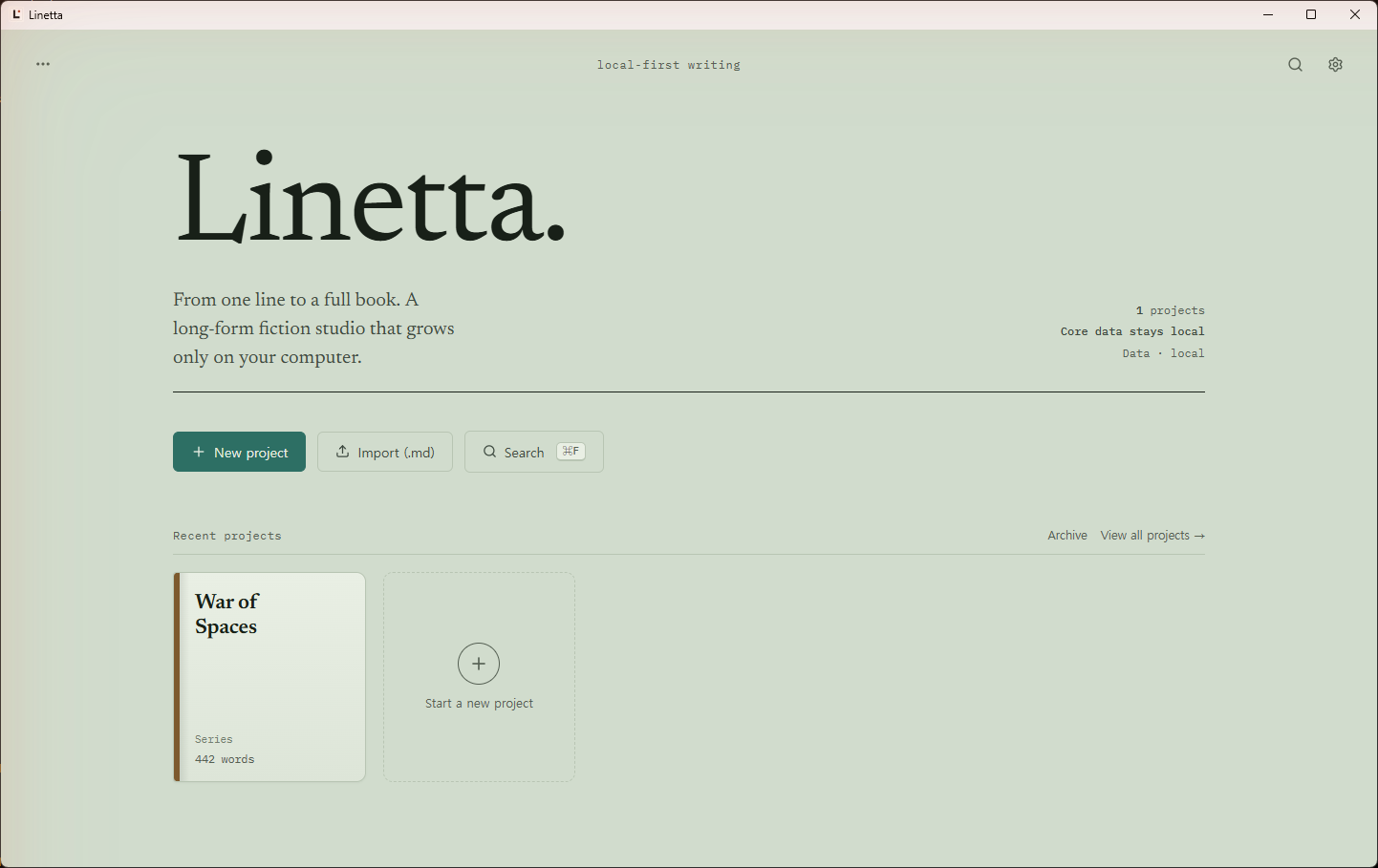 The Linetta library screen with a project card, buttons for a new project, Markdown import and search, and a note that core data stays local.