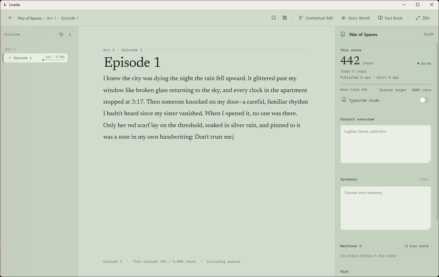 The Linetta workspace: an outline rail, a serif editor holding the opening of a scene, and a right-hand panel with the scene’s character count, targets and synopsis.